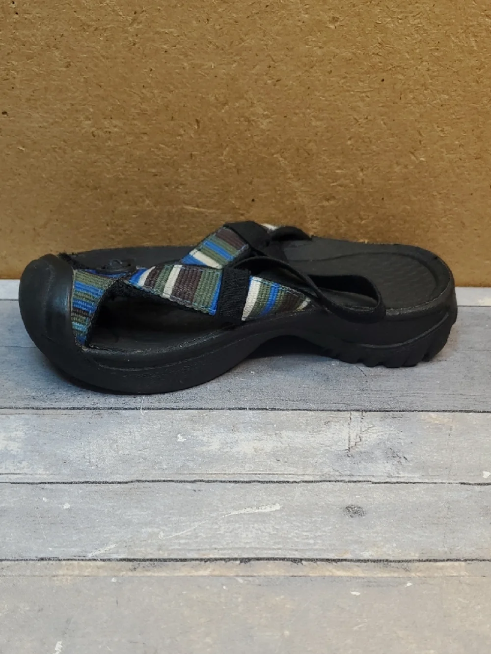 Keen Black Waimea Sandals with Blue, Green & Brown Striped Straps Size 9/16 cm